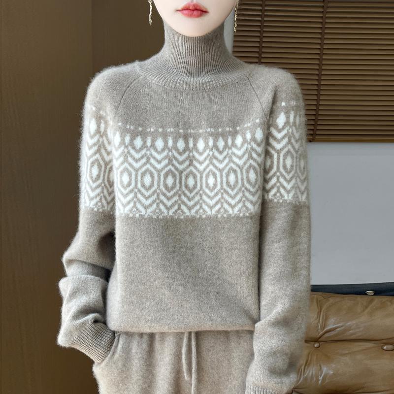 Women's Sweater Autumn and Winter 100% Merino Wool Sweater Casual Loose High Collar Pullover Fashion Korean Jacquard Women's Top