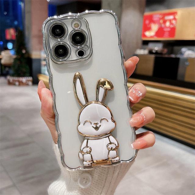 3d чехол-держатель с милым кроликом для Iphone 14pro 13 12 11 14 Pro Max 14 Plus 14, прозрачный противоударный чехол с волнистым покрытием