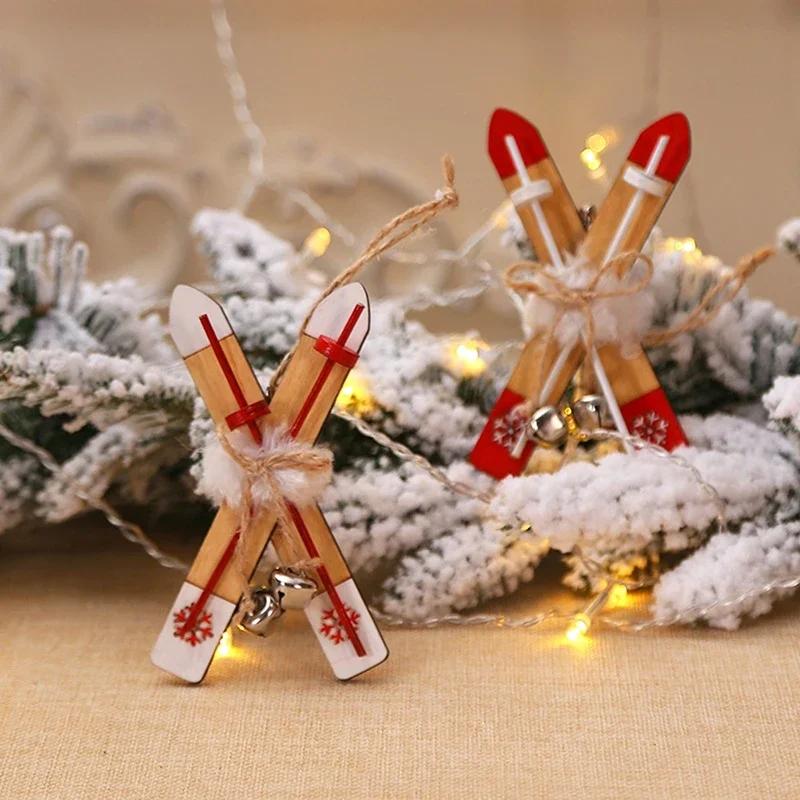 Doll House Mini Wooden Skis Crafts Supplies New Year Christmas Pendant Sled Christmas Tree Home Decor Gift