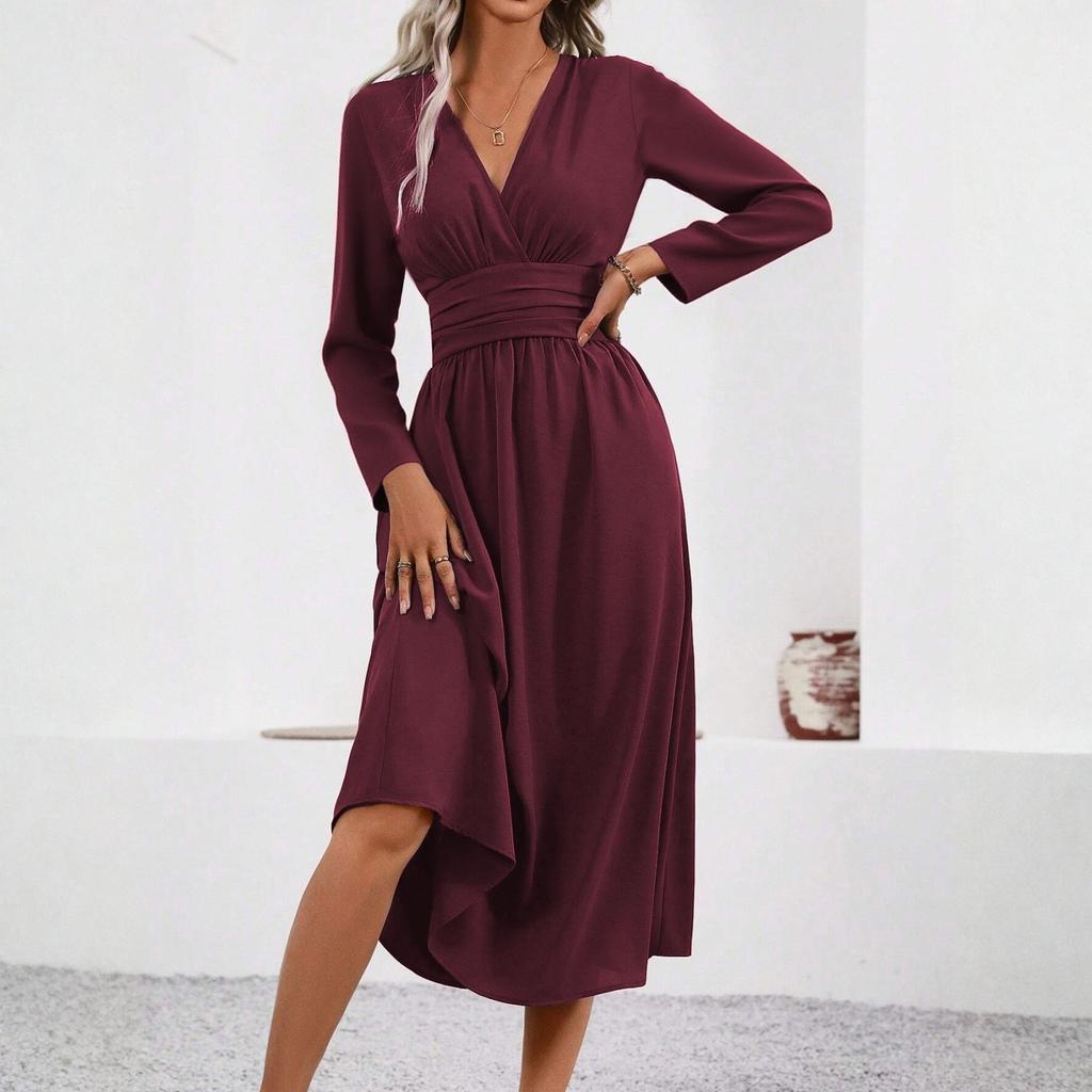 Женское модное однотонное платье с V-образным вырезом, длинными рукавами и плиссировкой
