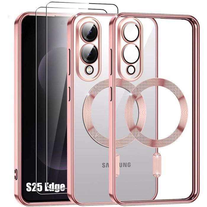 Coque de protection - BOOLING - pour Samsung Galaxy S25 Edge - Silicone - Anneau Magnétique - Rose - 2 Verres Trempés