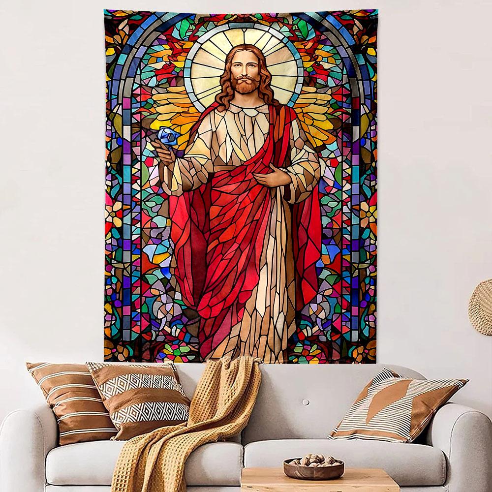 "Stained Glass Jesus with Halo Design" Patterned tapestry home decor, suitable for bedroom and living room, gift