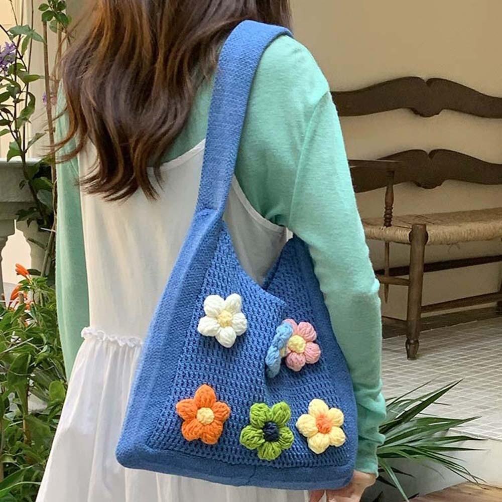 Breathable Knitted Tote Bag Sweet Seaside Vacation Handbag Trendy Crochet Shoulder Bag  Female