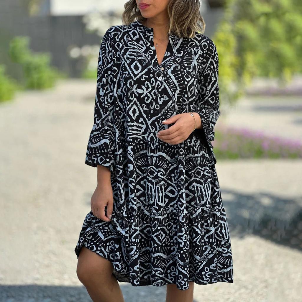 Women's Fashion Button V-neck Speaker 3/4 Sleeve Printed Patchwork Cake Dress