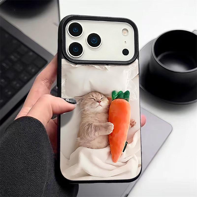 Чехол для iPhone 17 Pro Max Спящий кот Узор с морковкой Кожаная текстура Мягкий силиконовый чехол для Funda iPhone 16 Pro Max 15 14 13 12 11 Air 16E