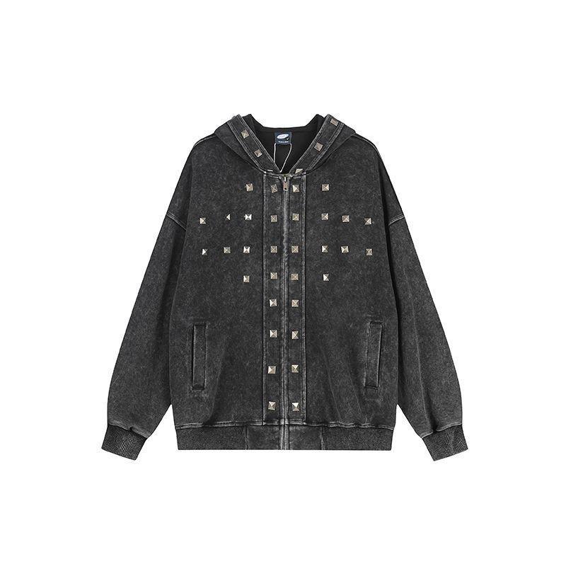 Unisex Streetwear Hooded Zip-Up Sweatshirt With Rivet Detail Cotton Blend Loose Fit Casual Wear