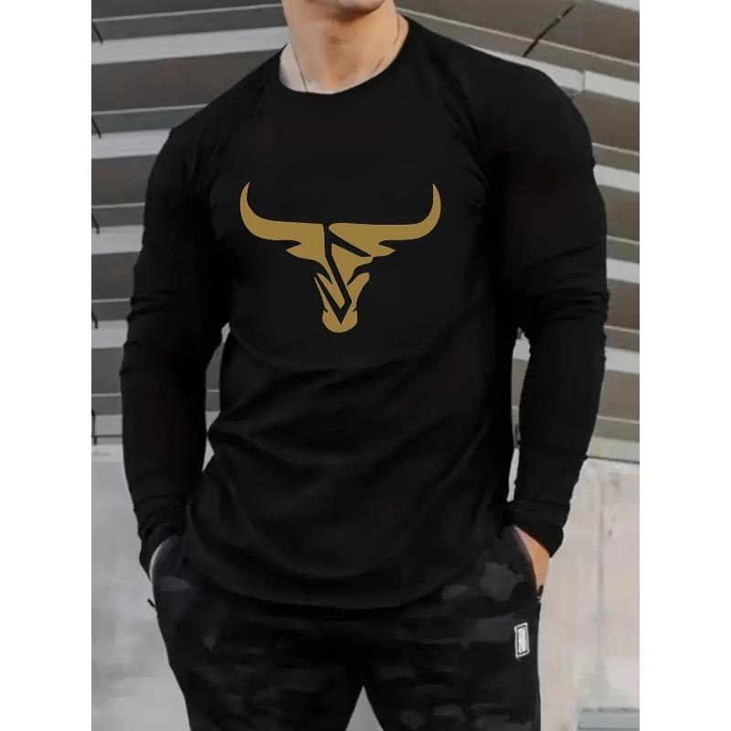 Men's Autumn Winter Loose Fit Plus Size Comfortable Casual Sports Bull Pattern Printed Round Neck Fashion Long Sleeved T-shirt