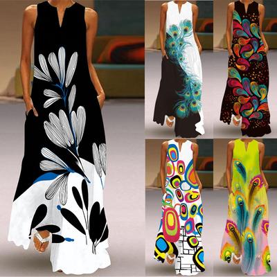 Модное женское повседневное летнее свободное платье без рукавов с круглым вырезом и принтом