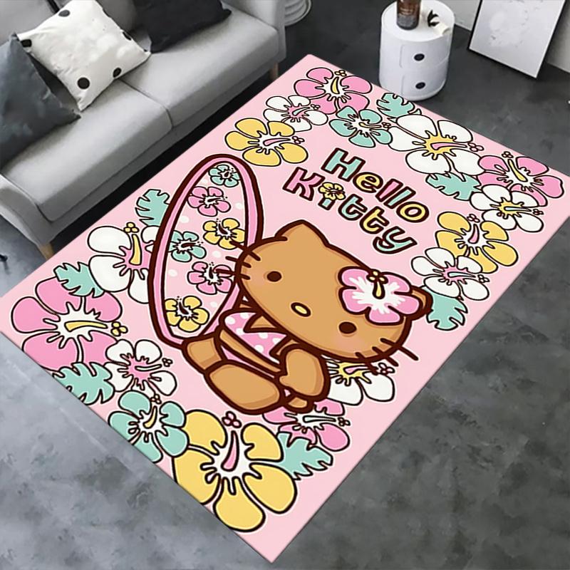 Office Rug Hello Kitty, Floral Anti-Slip Rug, Machine Washable for Living Room, Bedroom, Office, Multiple Sizes, Bedroom Mat, Decorative Mat, Durable