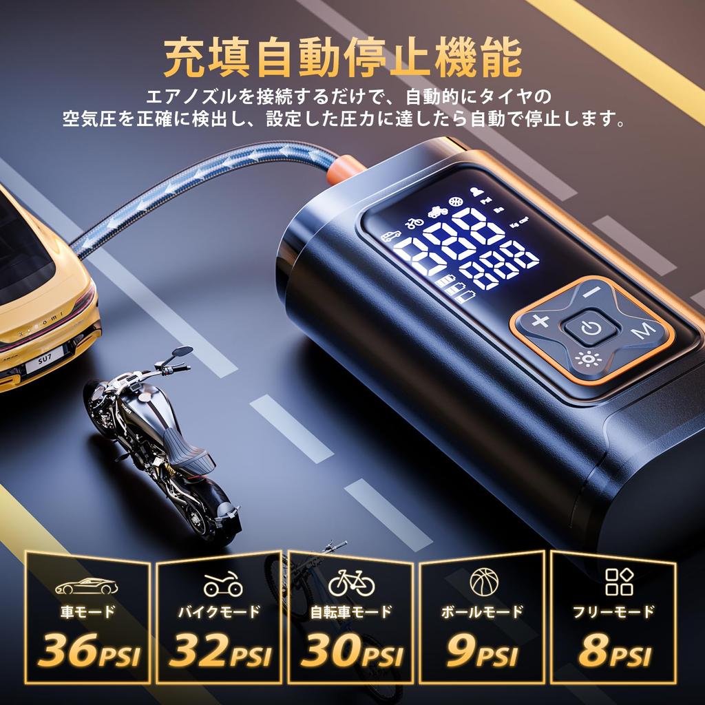 Электрический насос для велосипеда Philoent в 10 раз быстрее 7200 мАч Воздушный насос с автоматической настраиваемой накачкой Перезаряжаемый Совместимый с и Американским Максимальное давление