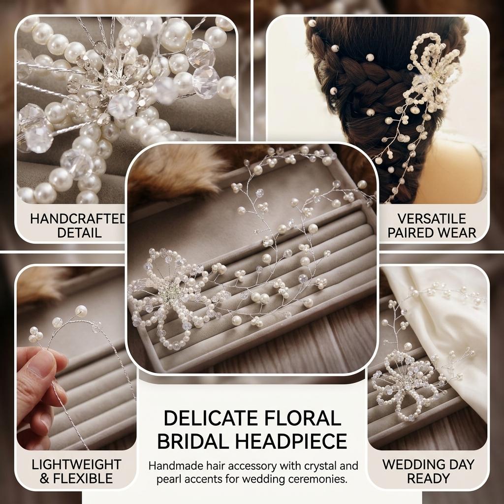 Korean Style Bridal Hairpiece With Crystal Pearl Flower Design For Wedding Ceremony