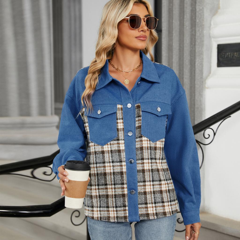 YYFS Женская мода, повседневные клетчатые принты, осенне-зимние куртки и пальто-поло с длинными рукавами и воротником