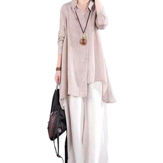 Women Shirt Lapel Long Sleeve Single Breasted Shirt Tops Irregular Hem Solid Color Mid-length Leisure Shirt
