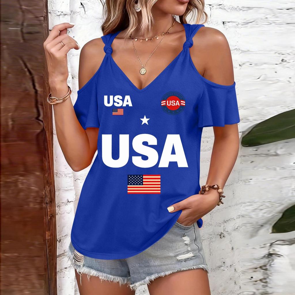 Женская футболка с открытыми плечами с принтом USA, на завязках-бретелях, с коротким рукавом, повседневный летний топ, свободного кроя, легкая блузка для повседневной носки