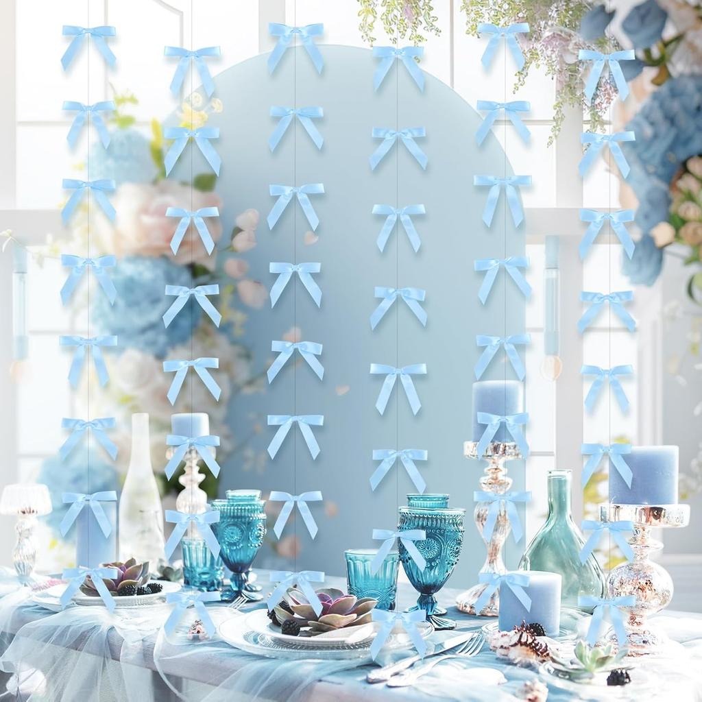 Blue Satin Ribbon Bow Hanging Garland, Bow Party Hanging Decortions, Girls Blue Bow Birthday Decorations Baby Shower Decor, Tying The Knot Bridal