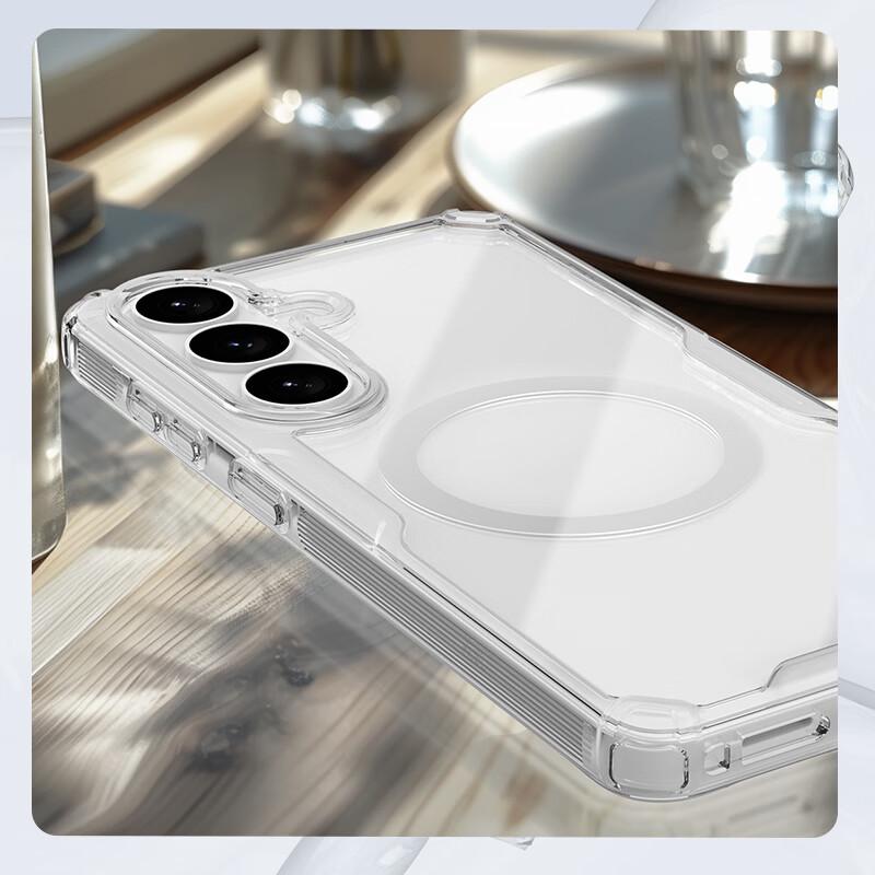 Magnetic Transparent Full-Cover Airbag Shockproof Ultra-Thin Case with Raised Lens for Samsung S26 Ultra, Hard with Soft Edges, Natural Pro White