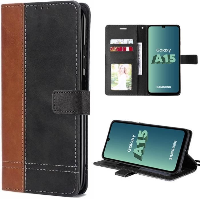 Coque pour Samsung Galaxy A15, Marron, Effet Cuir Bicolore et Intérieur TPU
