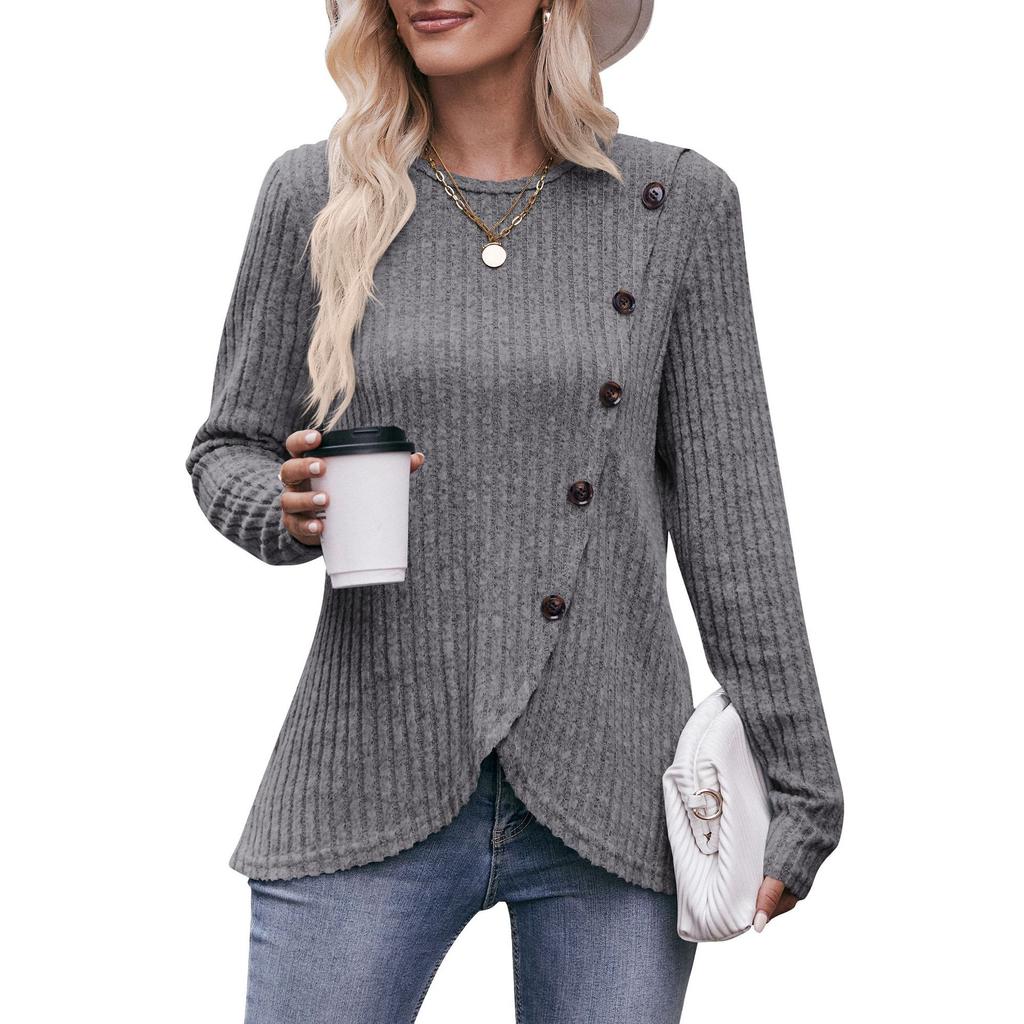 Женская эластичная трикотажная футболка с круглым вырезом в рубчик, модная однотонная футболка на пуговицах с нерегулярным низом