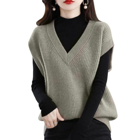 Женский осенне-зимний жилет с V-образным вырезом, свободный, без рукавов, трикотажный однотонный толстый трикотажный пуловер, эластичный, сохраняющий тепло свитер, жилет