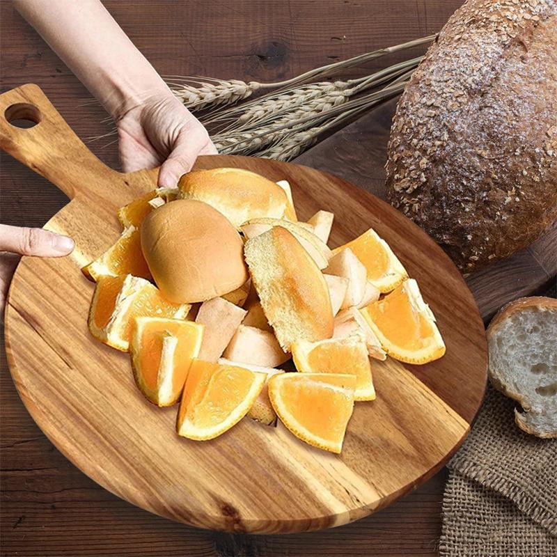 Деревянная разделочная доска из акации, доска для пиццы с ручкой, круглая портативная деревянная обеденная тарелка, кухонный поднос