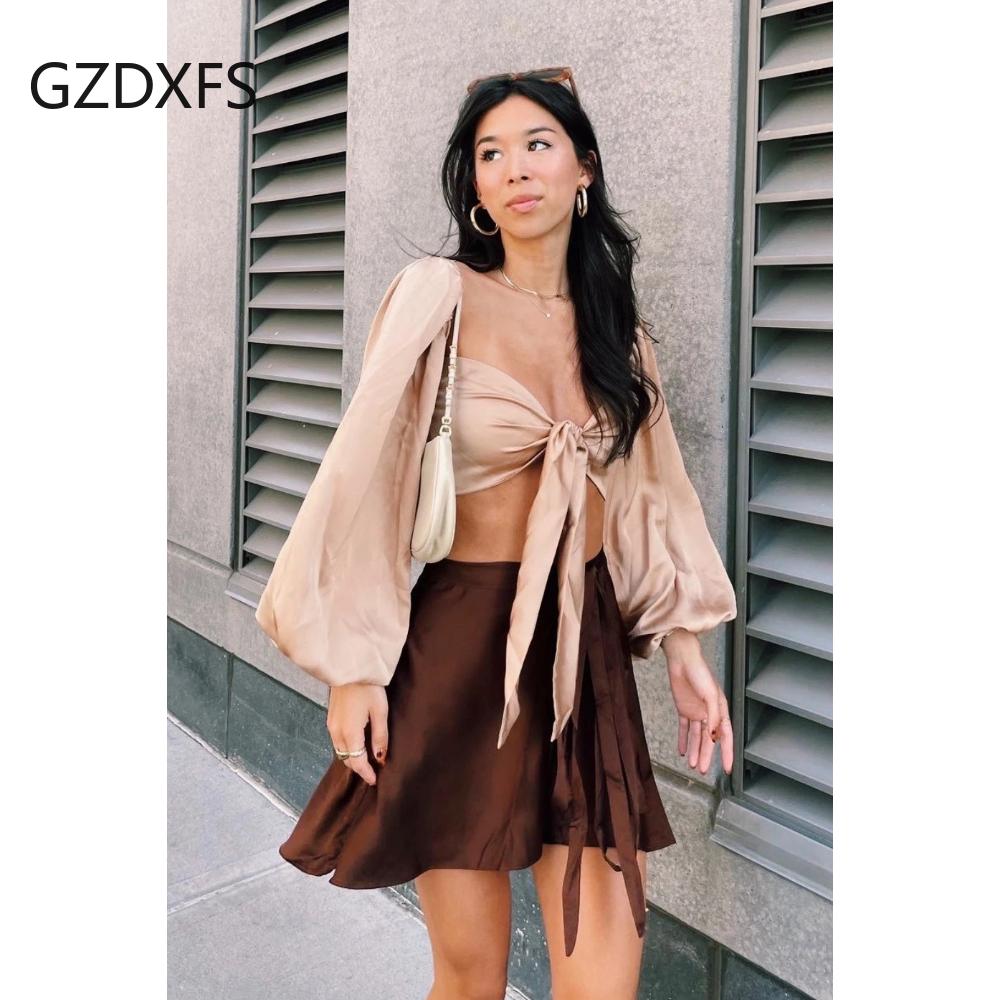 Сплошная цветная юбка с высокой талией, модная цельная короткая юбка на шнуровке, шифоновая атласная юбка с запахом