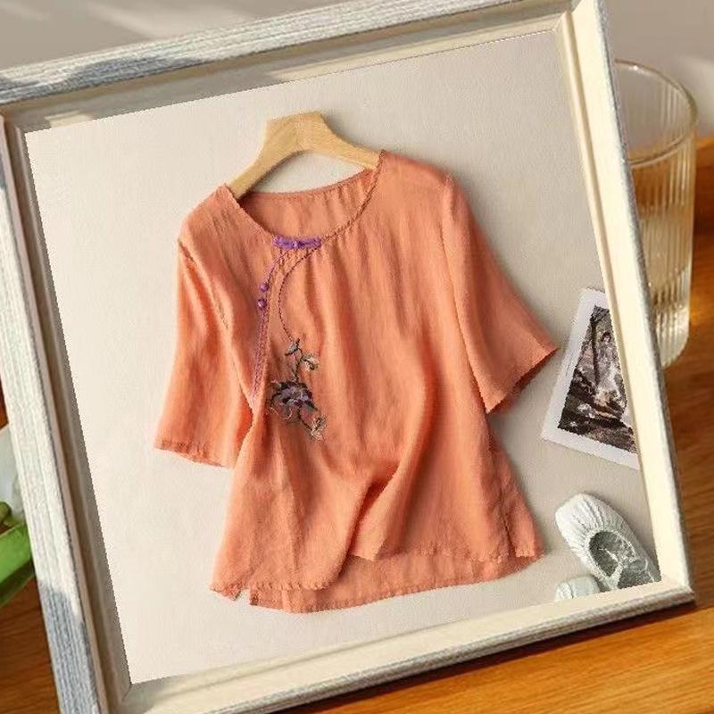 Women's 2024 Summer Cotton Linen Retro Embroidered Blouse with Frog Button and Diagonal Placket