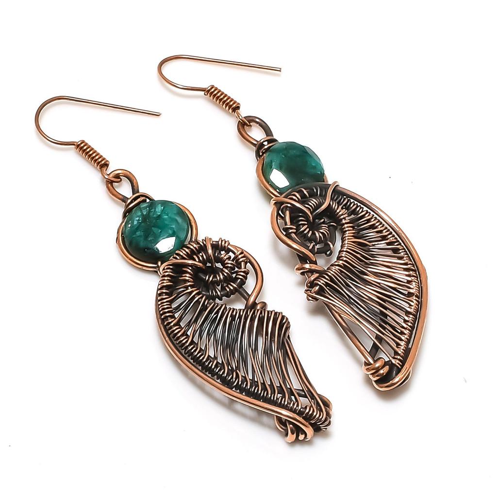 Emerald 999 Copper Wire Wrapped Earrings, Handmade Gemstone Earrings, Gift For Mom Antique Jewelry