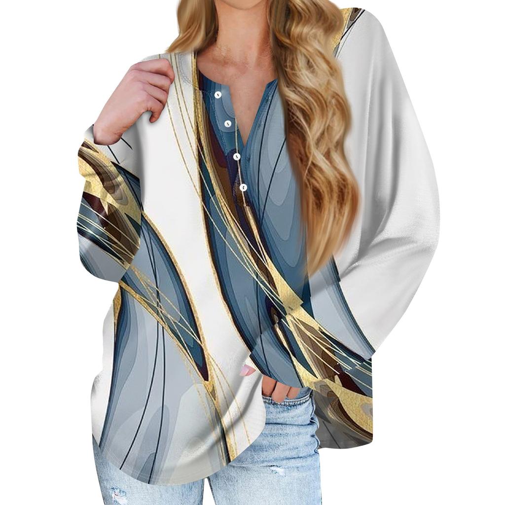 Women's New Button Collar Fashion Printed Long Sleeves T-Shirt Slim Top Casual Tops