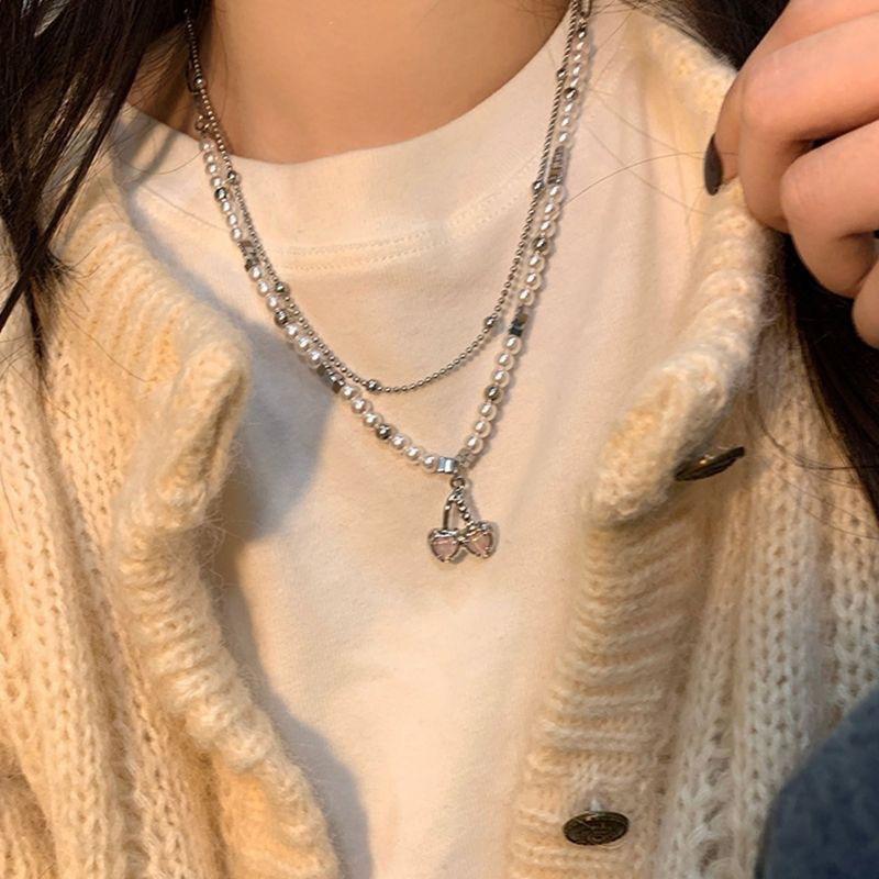 Pearl Cherry Necklace Women's Tide Double Layer Stacked Beaded Sweet Cool Sweater Chain Metal Accessories Niche Clavicle Chain Neck Chain