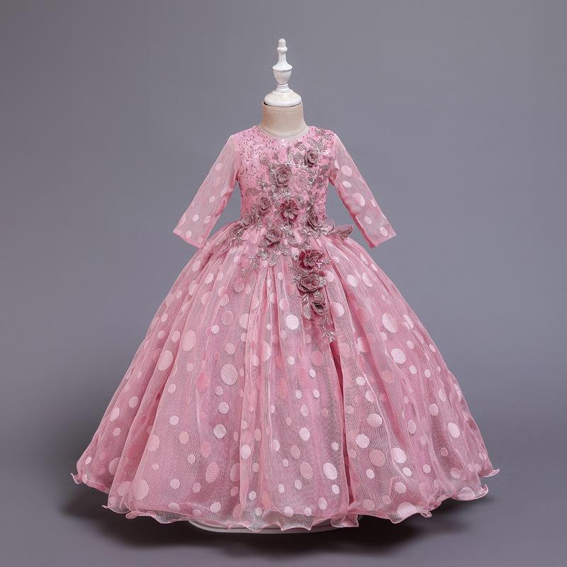 Children's Dress Long Sleeve Polka Dot Girl's Dress Flower Decoration British Princess Wind Dress