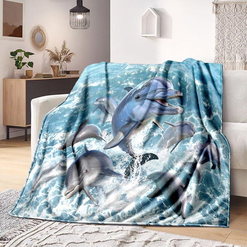 Underwater World Fish Dolphin Pattern Print Soft Flannel Blanket Sheet Sofa Office Air Conditioner Throw Blanket Gift