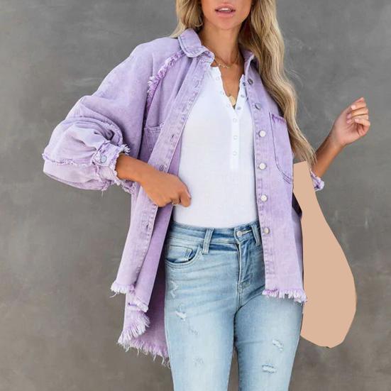 Женская джинсовая куртка с отложным воротником и пуговицами на подоле с бахромой, большой карман, однотонный, свободный, негабаритный, женское пальто средней длины, уличная одежда