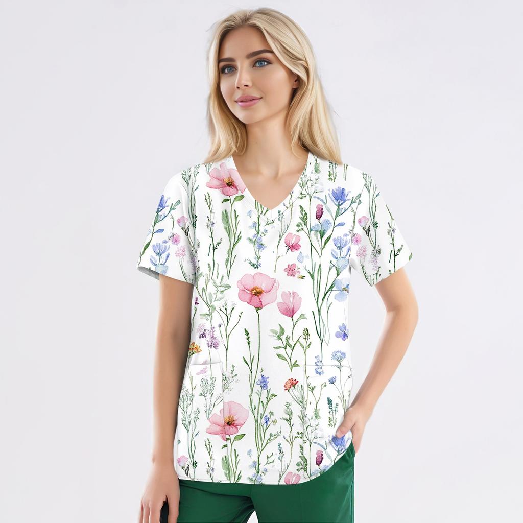 Рабочая форма больших размеров с принтом, топы для женщин, забавные футболки с v-образным вырезом и короткими рукавами, рабочая одежда, футболка с карманами