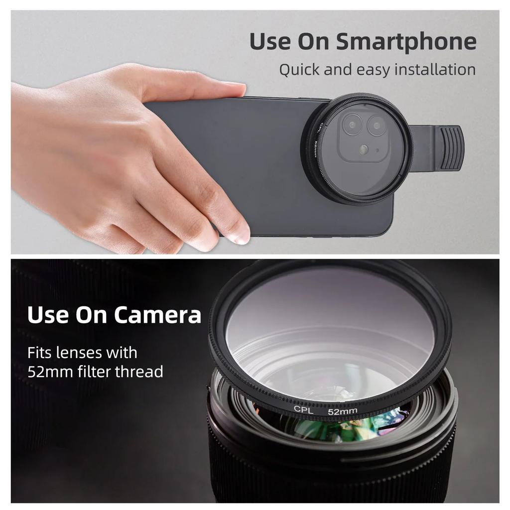 Горячий 52-мм объектив камеры телефона Улучшает насыщенность цвета и контрастность Профессиональный для большинства смартфонов Поляризационный объектив камеры телефона