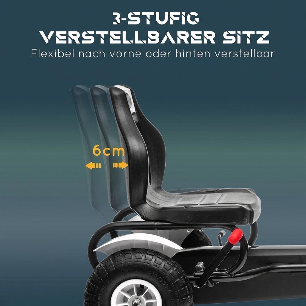 Go-Kart Pedal Car with Hand Brake, Adjustable Seat, Forward and Reverse Gear, up to 50kg for Children 5-12 Years, White