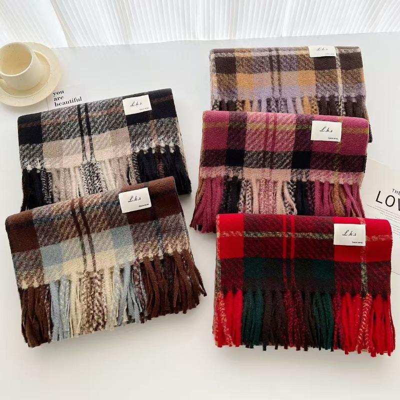 Korean Style Plaid Scarf Women Winter Warm Fashionable Red Christmas