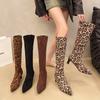 Winter Women Stretch Modern Boots Fashion Leopard Print Shoes Ladies Sexy High Heel Long Booties