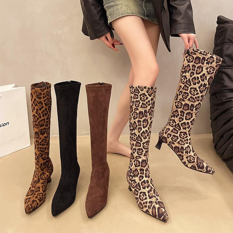 Winter Women Stretch Modern Boots Fashion Leopard Print Shoes Ladies Sexy High Heel Long Booties