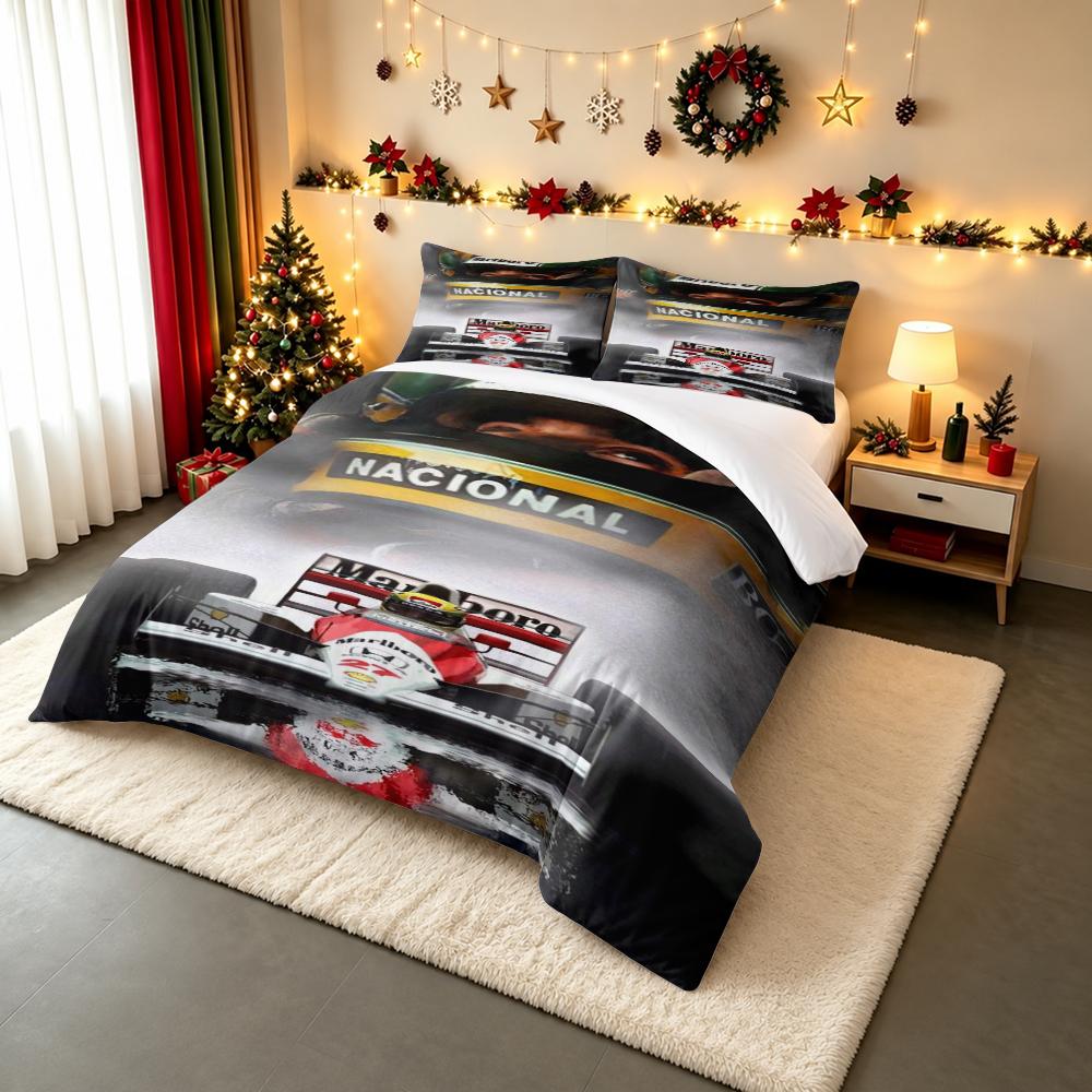Ayrton Senna Helmet F1 Car Double Exposure Bedding set (1 duvet cover, 2 pillowcases, duvet not included), Retro Racing Art Print