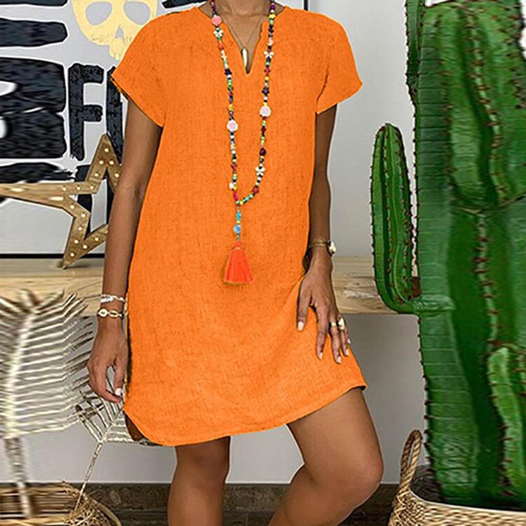 Женская мода, летняя свободная юбка, хлопковое льняное платье с коротким рукавом и v-образным вырезом