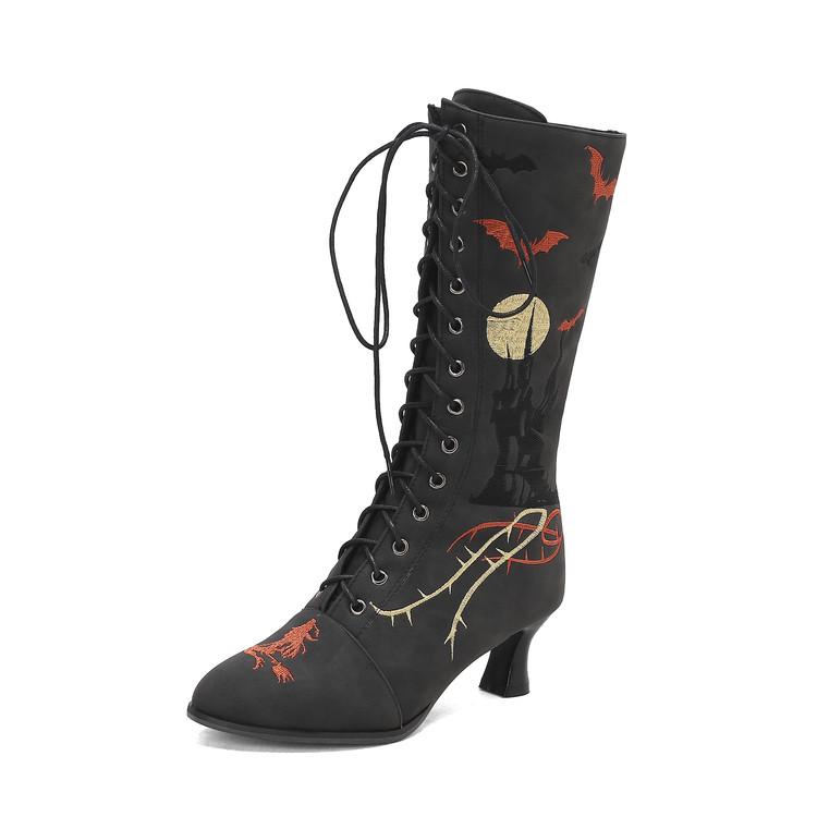 Мода 2025 Новые Хэллоуин Косплей Сапоги Женские Вышивка Туфли Ведьмы На Шнуровке Каблук-рюмочка Винтажные Викторианские Сапоги Вечеринка Женщина