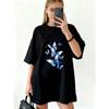 Oversized T Shirt Dress Black Blue Butterflies Print Casual Wear