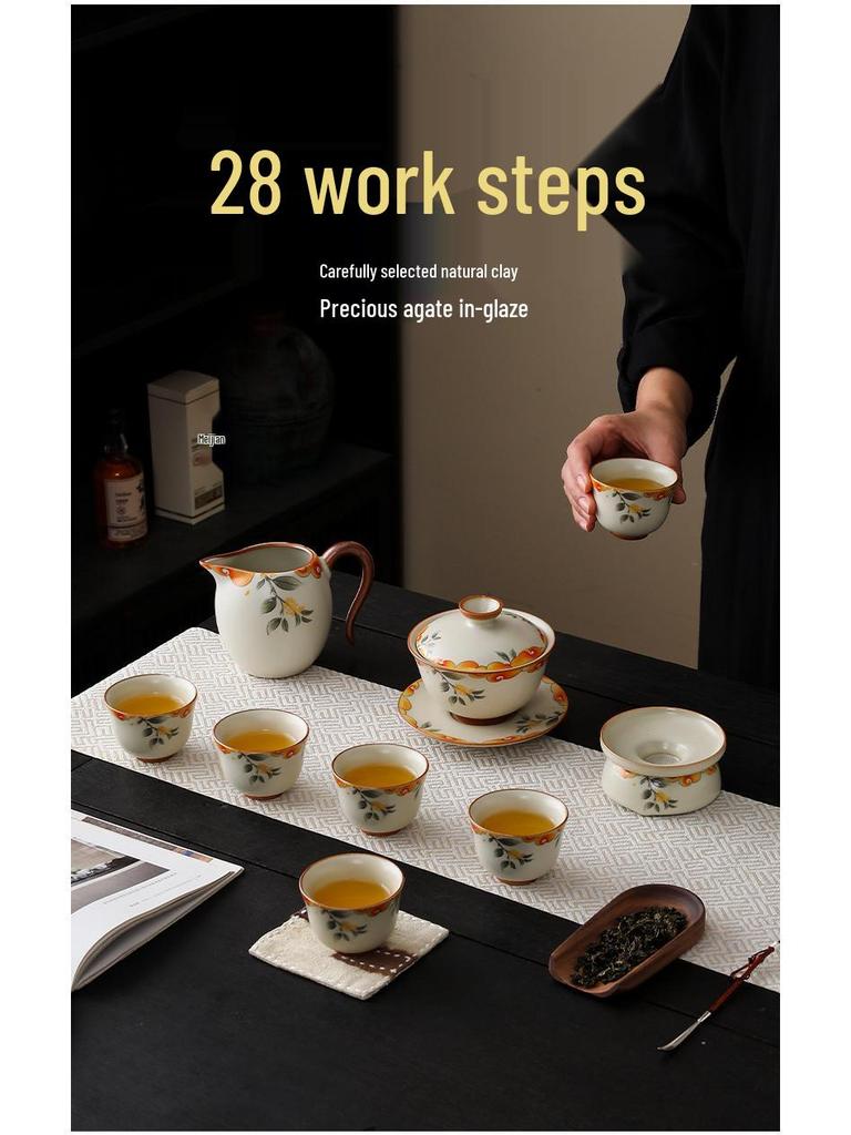 Beige Ru Ware Ceramic Kung Fu Tea Set: Teapot & Teacups in Gift Box for Holiday or Business Souvenir