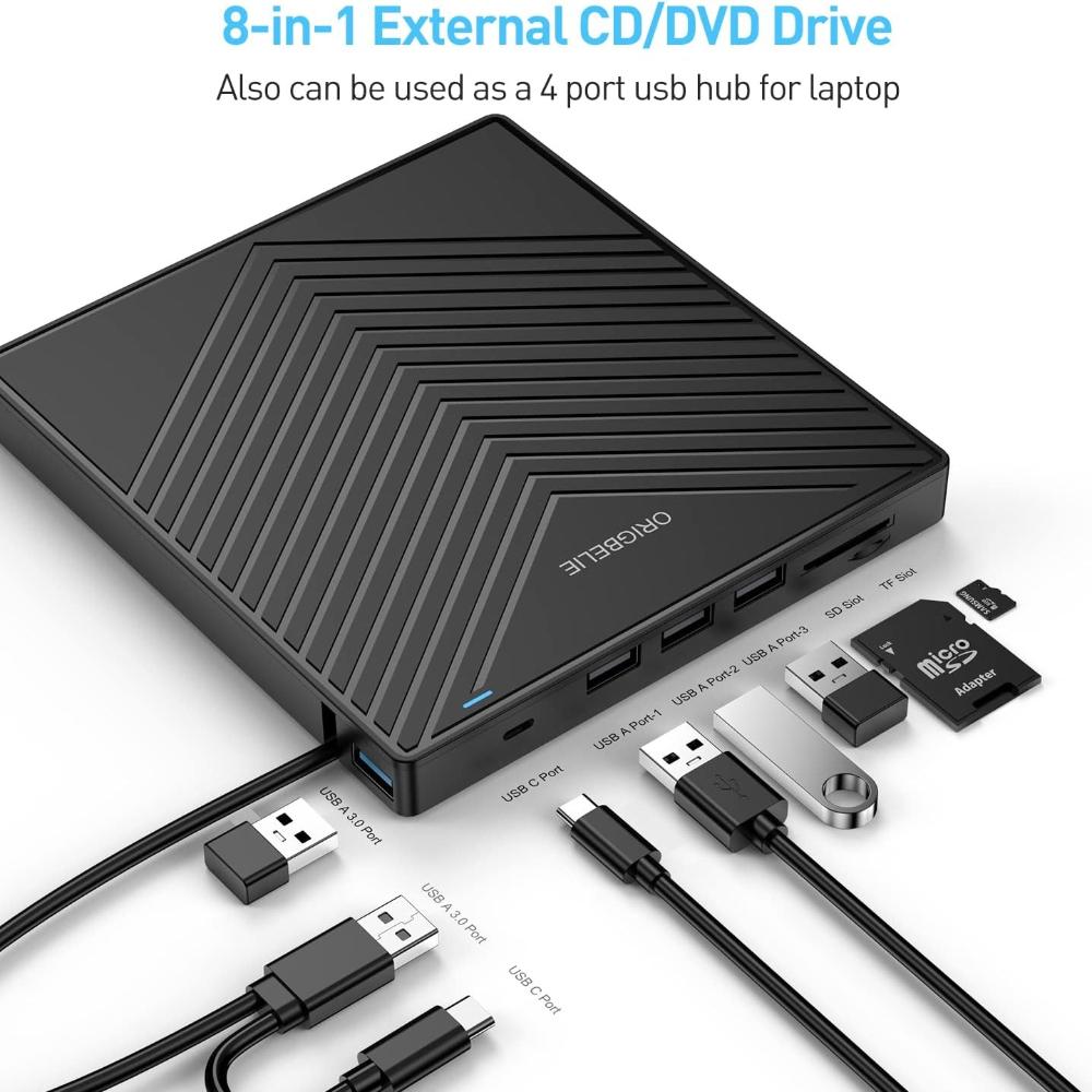 External CD DVD Player USB 3.0 with 4 USB Ports and 2 TF/SD Card Reader, External CD/DVD Drive for Laptop Windows 11/10/8/7/XP/Vista Linux Mac