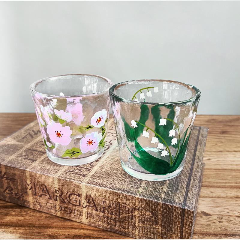 Japanese Style Hammered Hand Painted Lily of The Valley Crystal Glass Cup for Whiskey Tea Water
