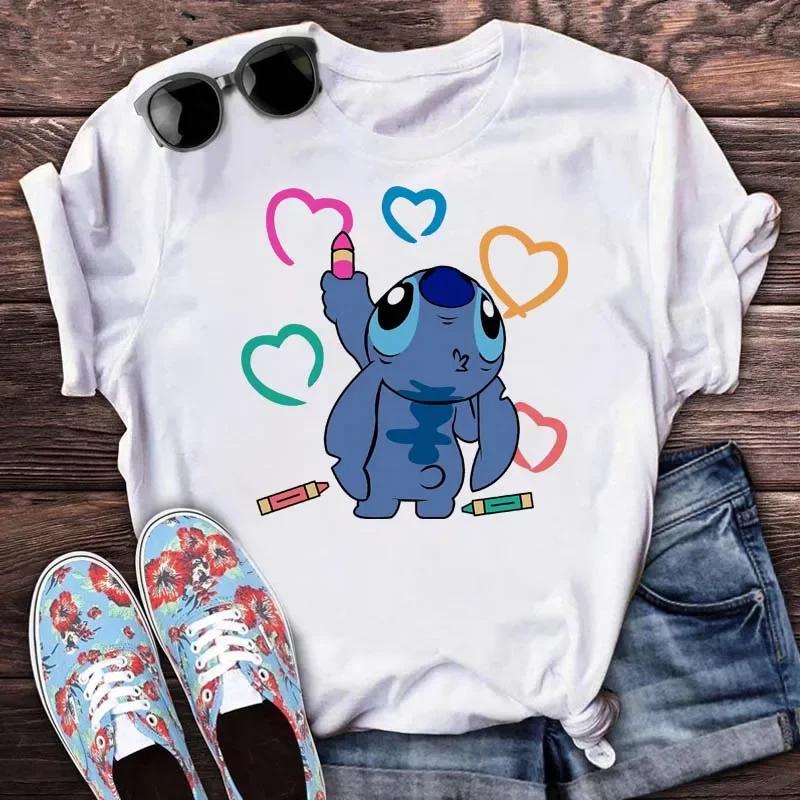 New Disney Women T-shirt Kawaii Lilo Stitch Print Tee Shirts Fashion Short Sleeve T Shirt Female Streetwear Y2k Clothes Top