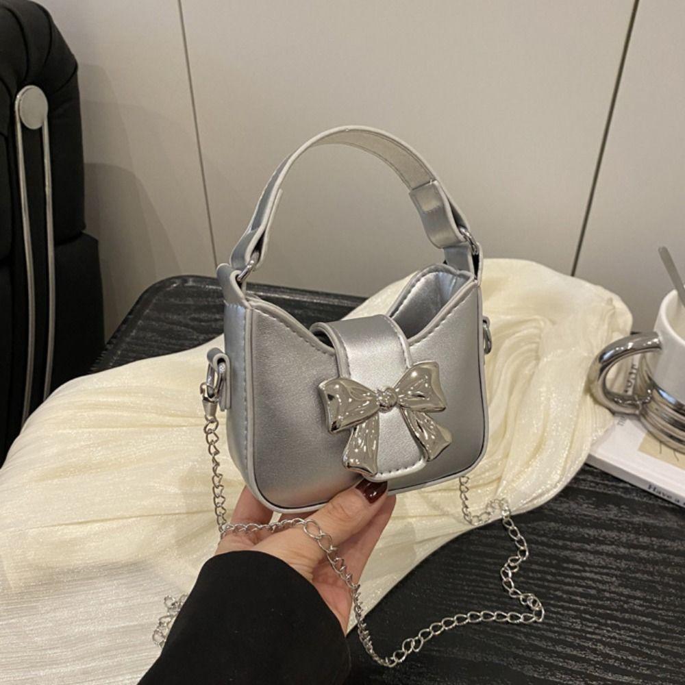 Pu Leather Bow Buckle PU Bag Mini Women's Shoulder Bag Simple Silver Bucket Bag Women