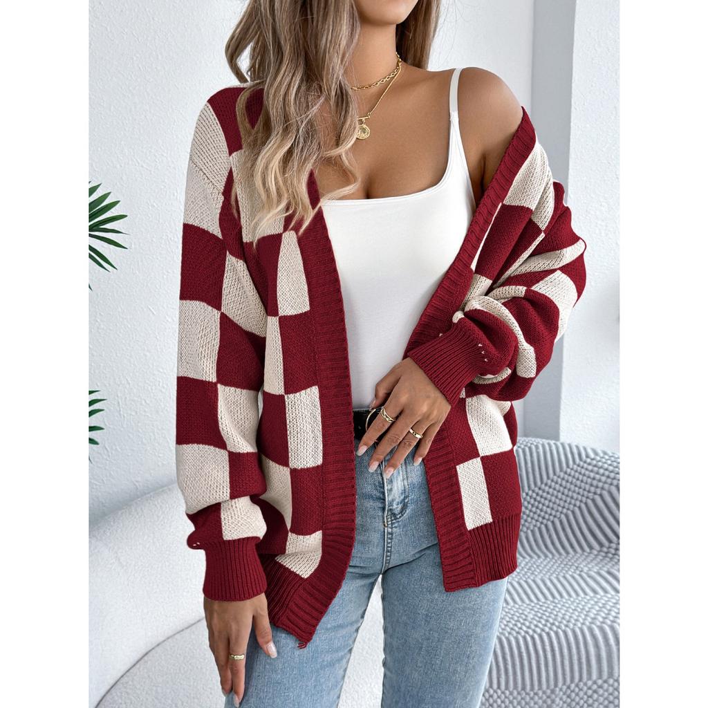GMXIA Autumn and Winter Color-blocking Checkered Lantern Sleeve Cardigan Sweater Mid-length Coat Women's Wear