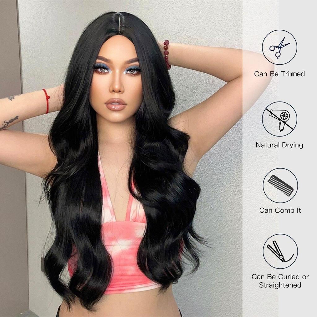 ALAN EATON Long Black Wavy Synthetic Wigs for Black Women Long Natural Wigs With Bangs Heat Resistant Daily Cosplay Fake Hair Wig