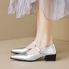 2024 New Heels Women Mary Jane Shoes Elegant Pointed Toe Shallow Heels Office Lady Leather Shoes Black Silver Square Heel Pumps